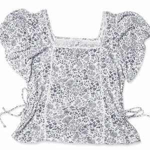 Lucky Brand Floral Puff Sleeve Square Neck Side Tie Top White L